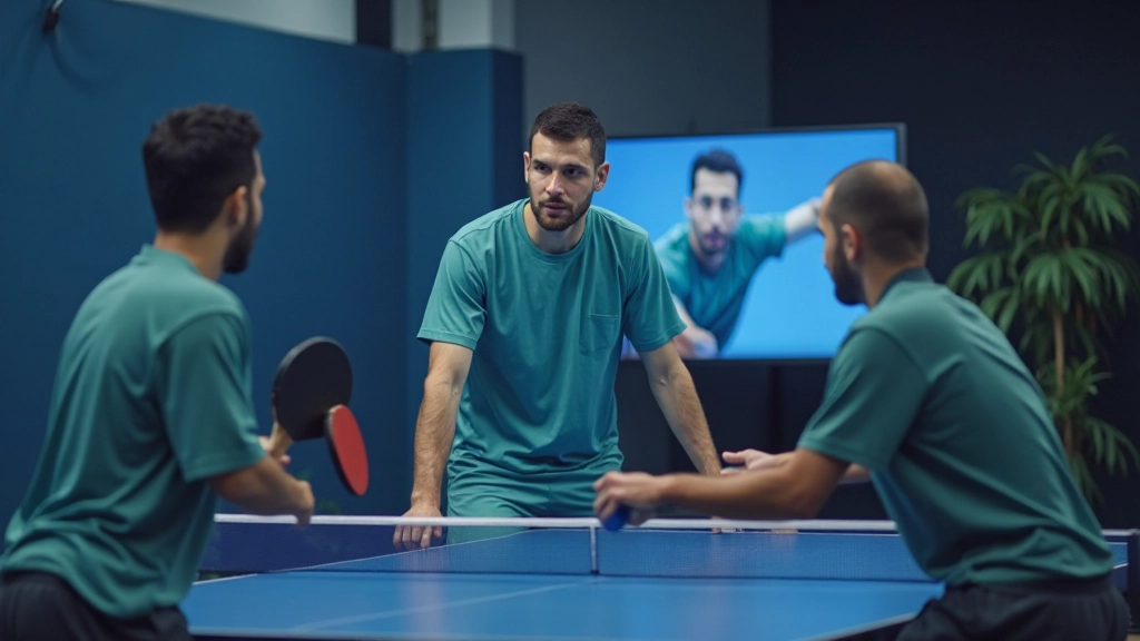 Specialist coach demonstrating advanced table tennis techniques to a player