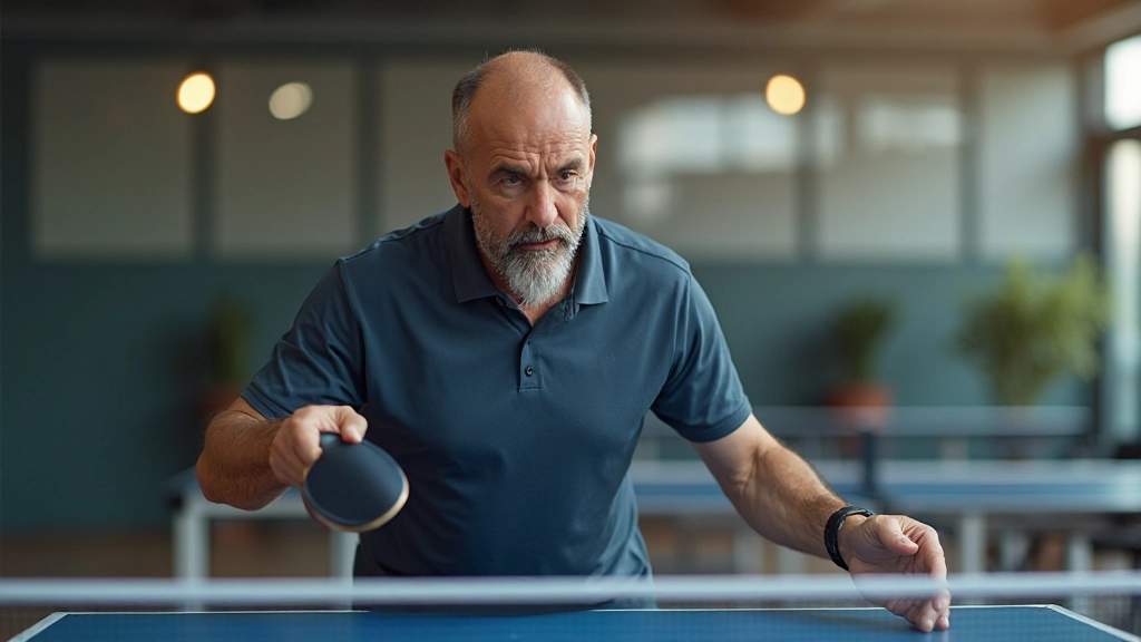 Professional table tennis coach demonstrating the correct technique for fast ball return during an advanced training session