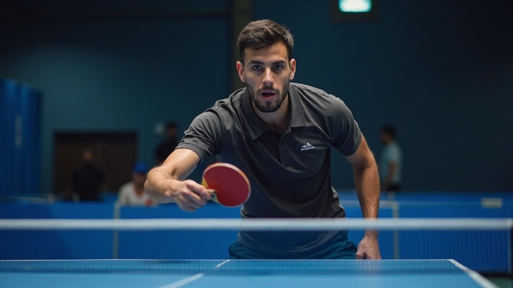 Professional table tennis player making a powerful shot in a modern, professionally lit court